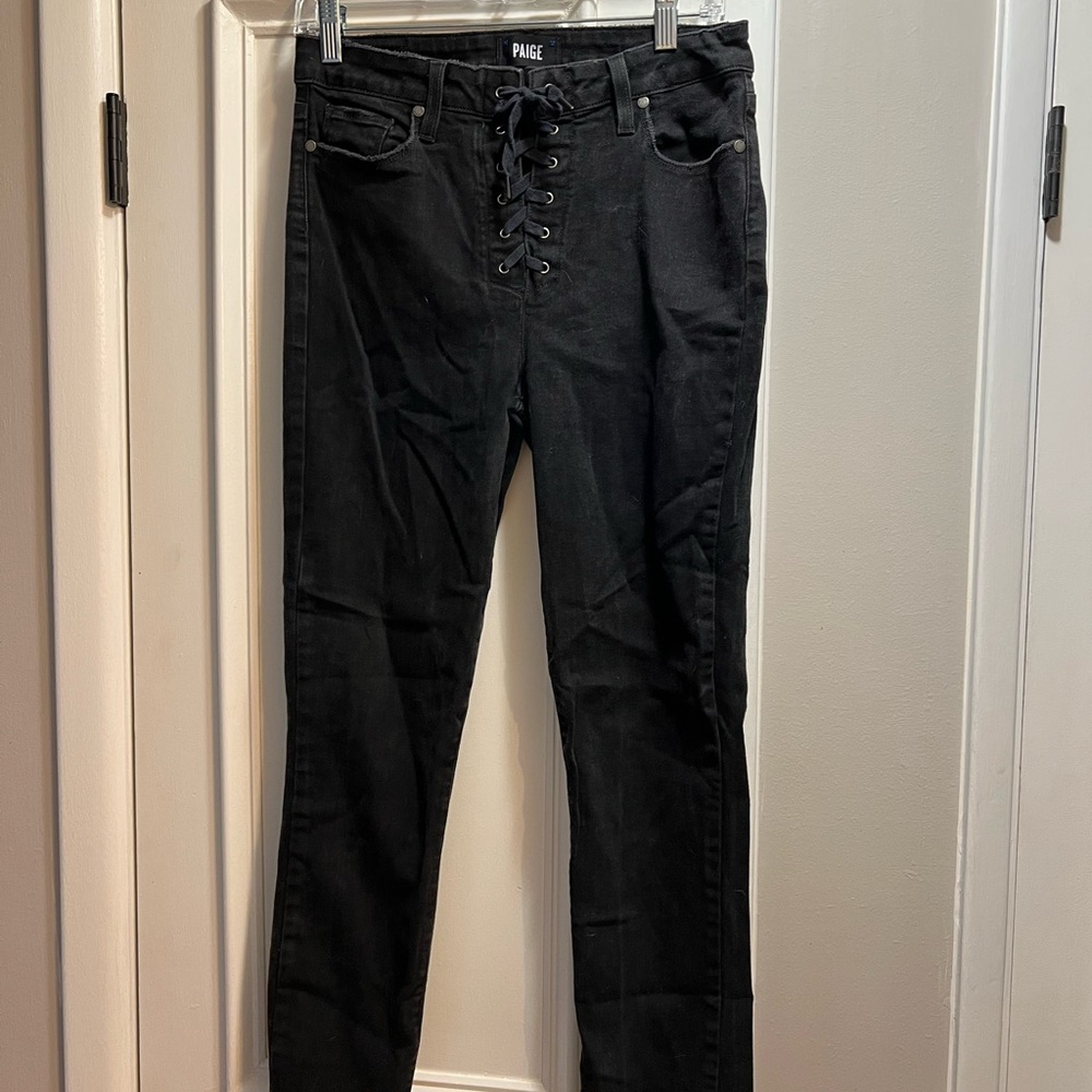 Paige front lace up black straight jeans
